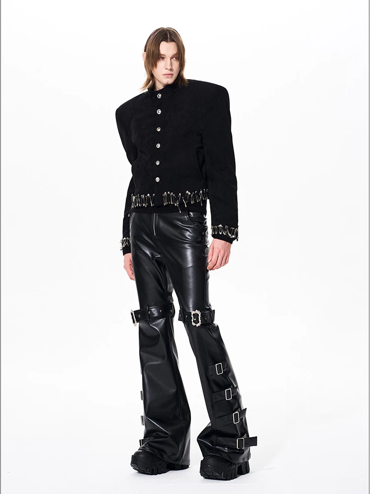 Mauroicardi Spring Autumn Cool Handsome Long Black Pu Leather Flare Pants for Men Rivet Luxury Designer Alternative Emo Clothes