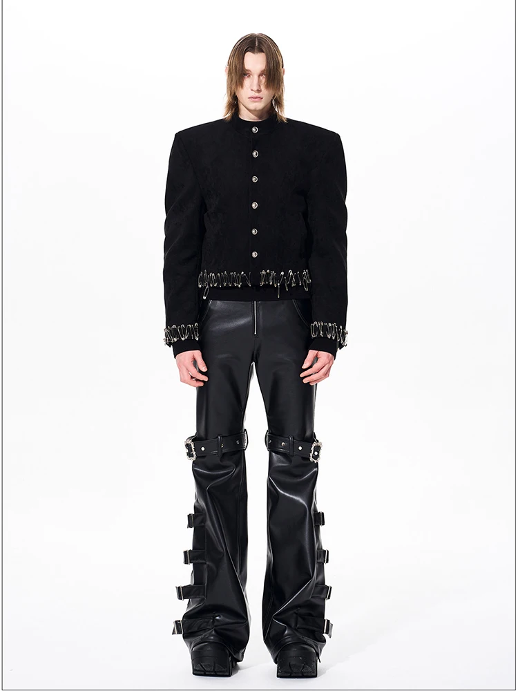 Mauroicardi Spring Autumn Cool Handsome Long Black Pu Leather Flare Pants for Men Rivet Luxury Designer Alternative Emo Clothes