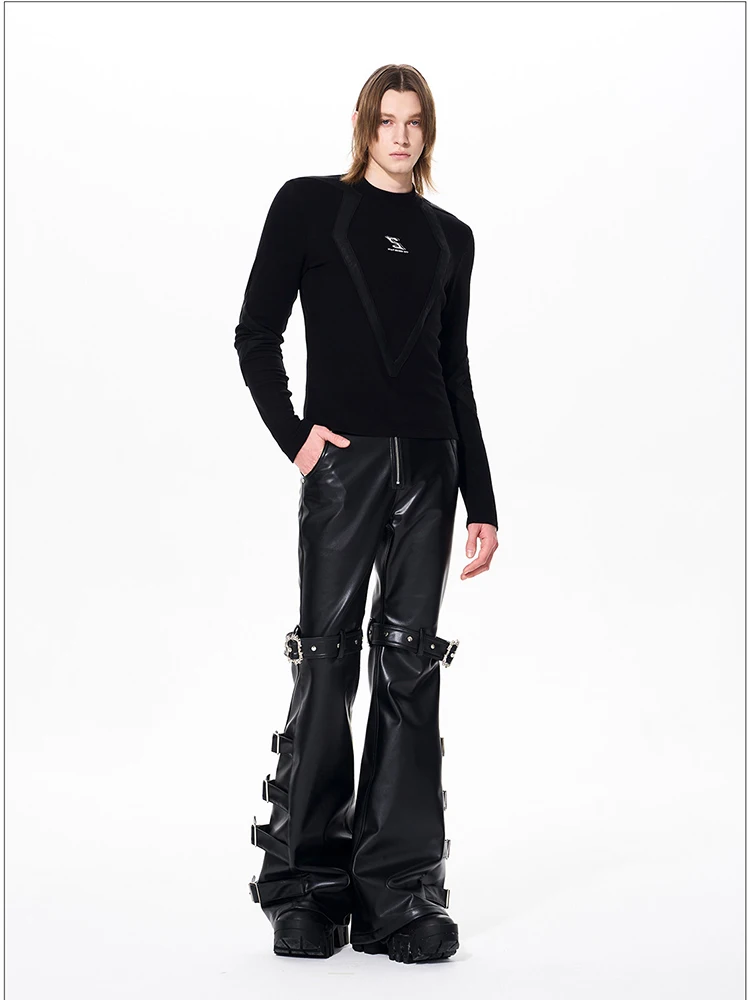 Mauroicardi Spring Autumn Cool Handsome Long Black Pu Leather Flare Pants for Men Rivet Luxury Designer Alternative Emo Clothes