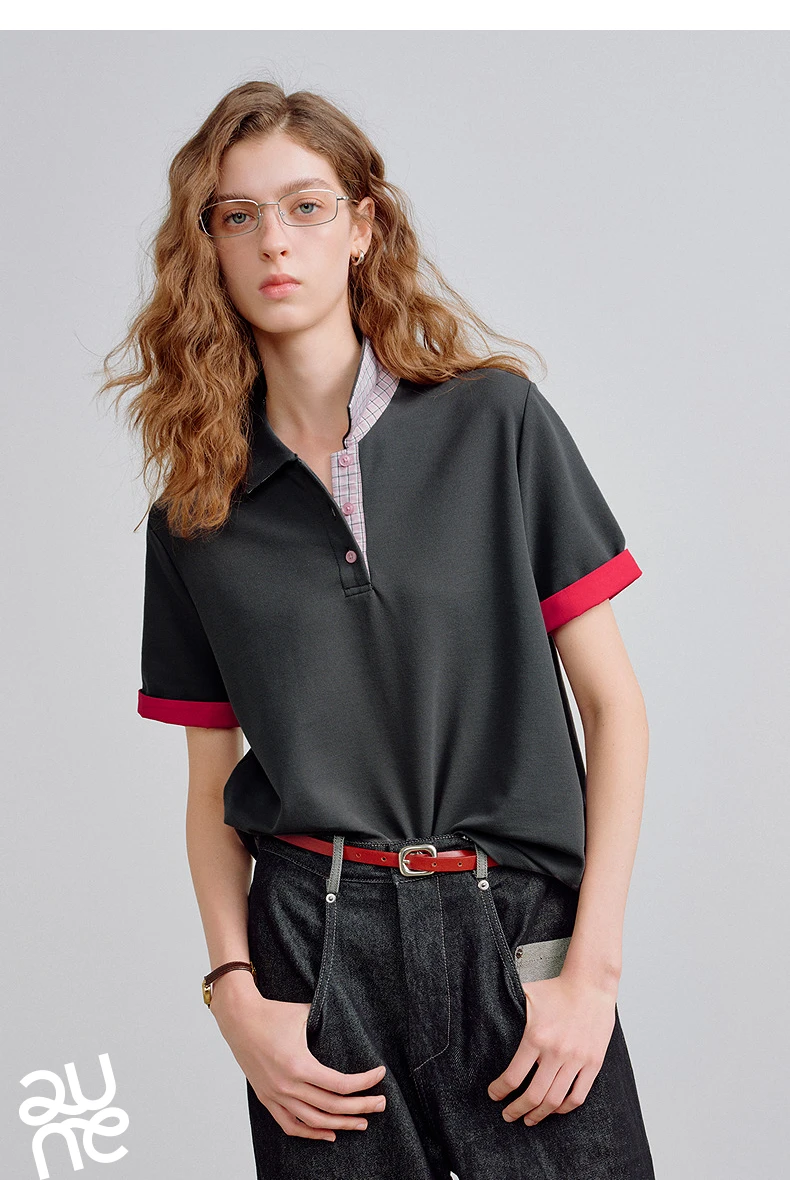 TOYOUTH Women Piqué Polo Tees 2026 Summer New Upgraded Color-Block Plaid Fold-Back Sleeve Vintage Casual Tops