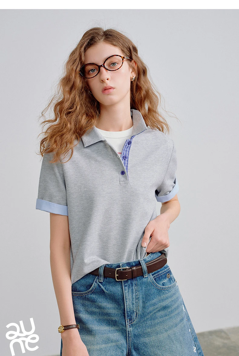 TOYOUTH Women Piqué Polo Tees 2026 Summer New Upgraded Color-Block Plaid Fold-Back Sleeve Vintage Casual Tops