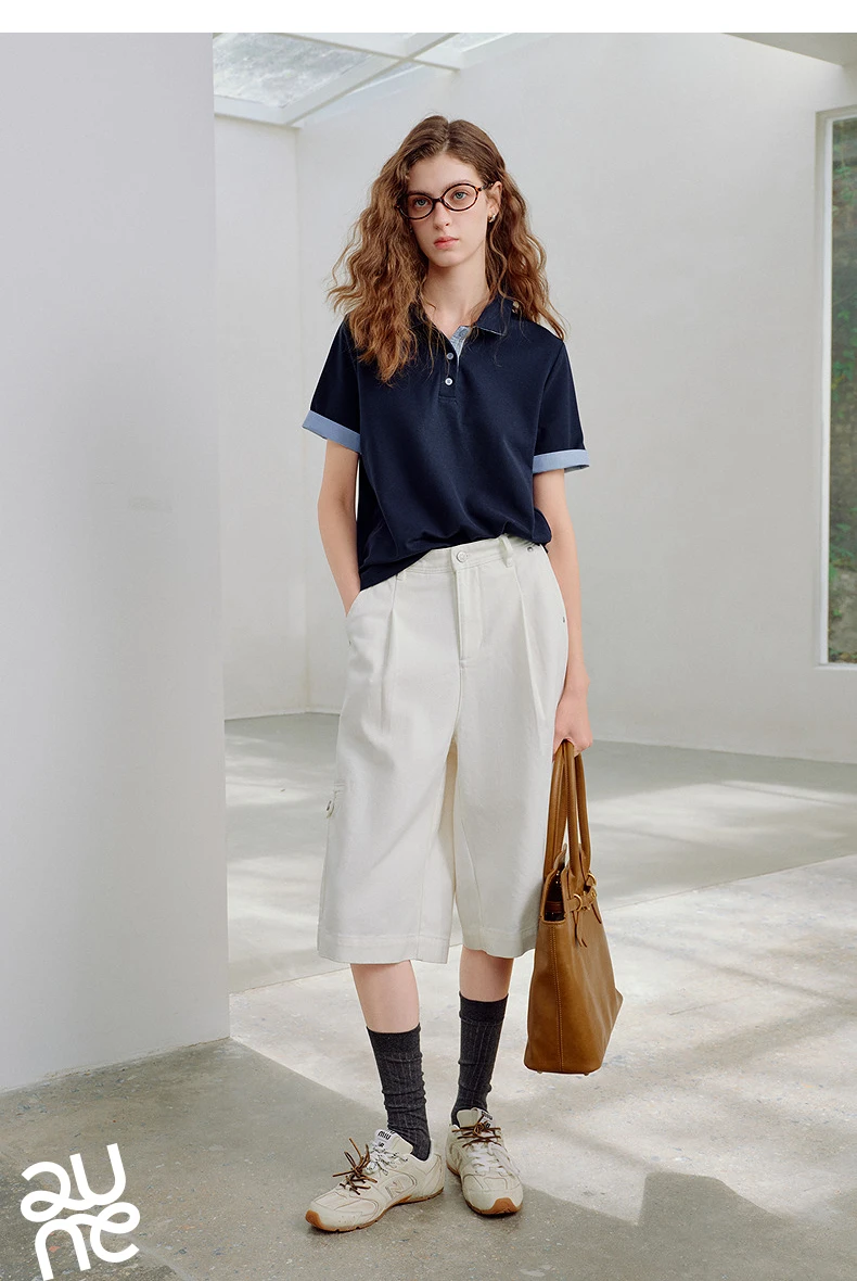 TOYOUTH Women Piqué Polo Tees 2026 Summer New Upgraded Color-Block Plaid Fold-Back Sleeve Vintage Casual Tops