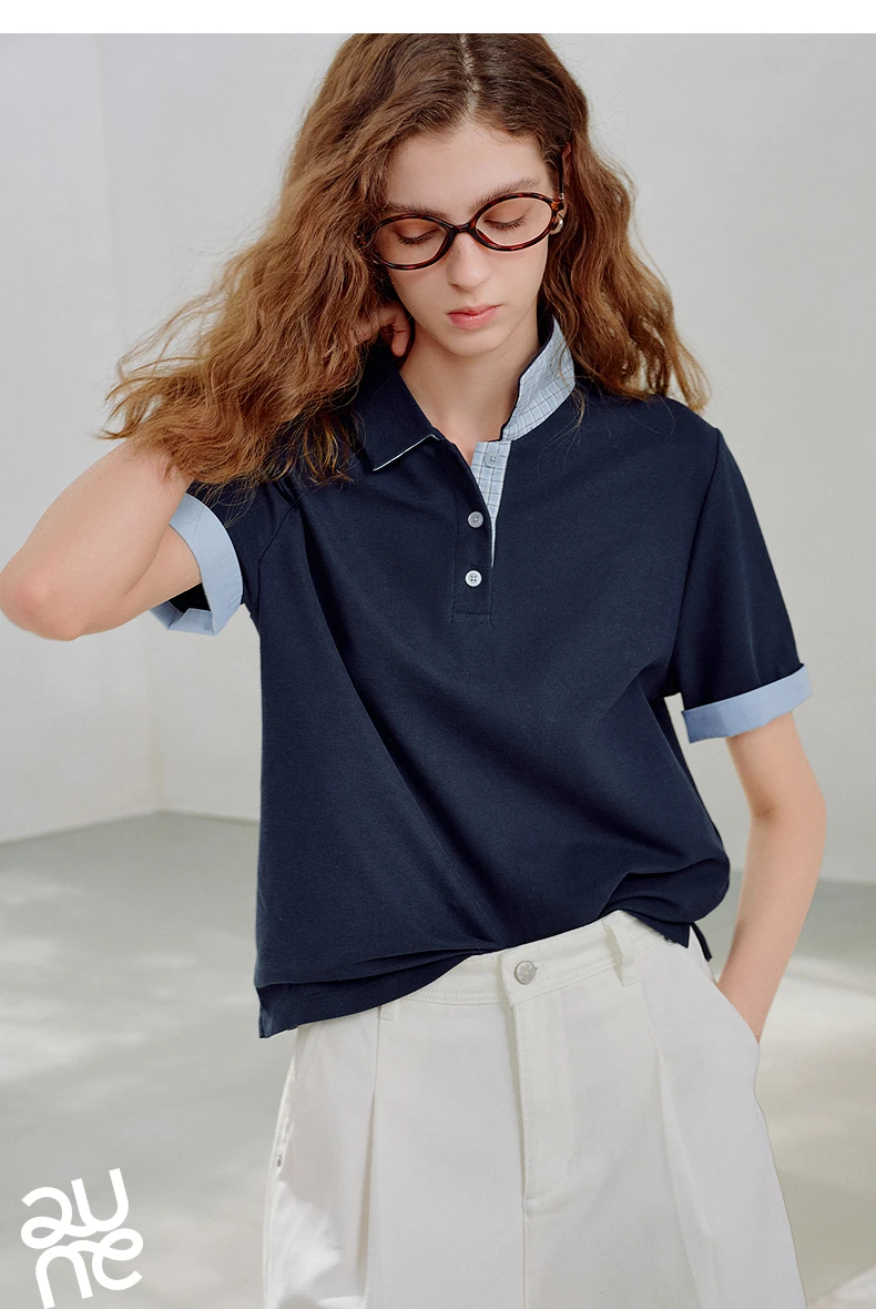 TOYOUTH Women Piqué Polo Tees 2026 Summer New Upgraded Color-Block Plaid Fold-Back Sleeve Vintage Casual Tops