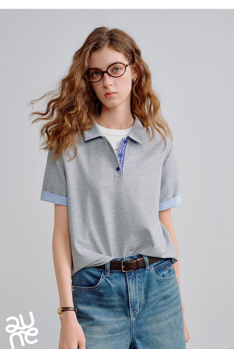 TOYOUTH Women Piqué Polo Tees 2026 Summer New Upgraded Color-Block Plaid Fold-Back Sleeve Vintage Casual Tops