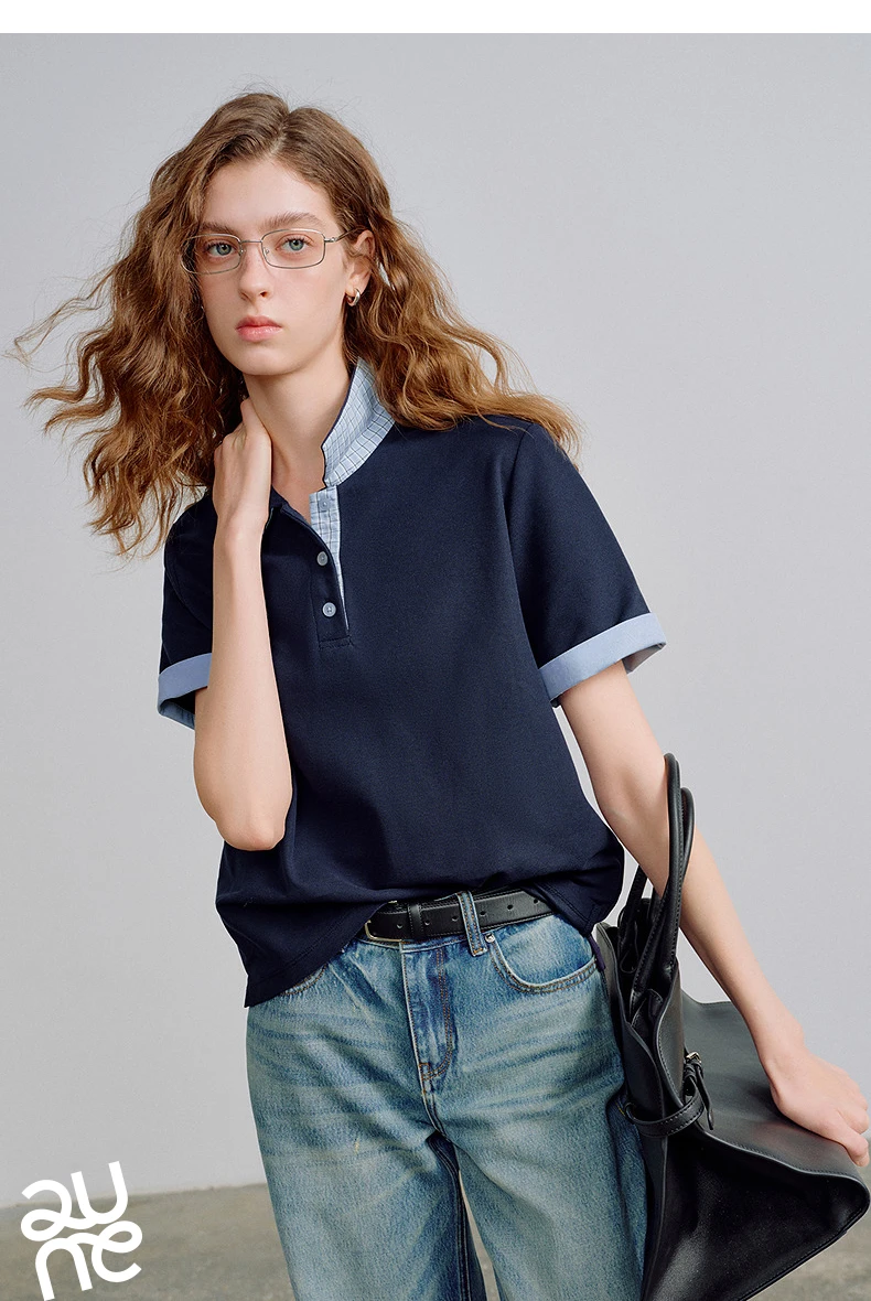 TOYOUTH Women Piqué Polo Tees 2026 Summer New Upgraded Color-Block Plaid Fold-Back Sleeve Vintage Casual Tops
