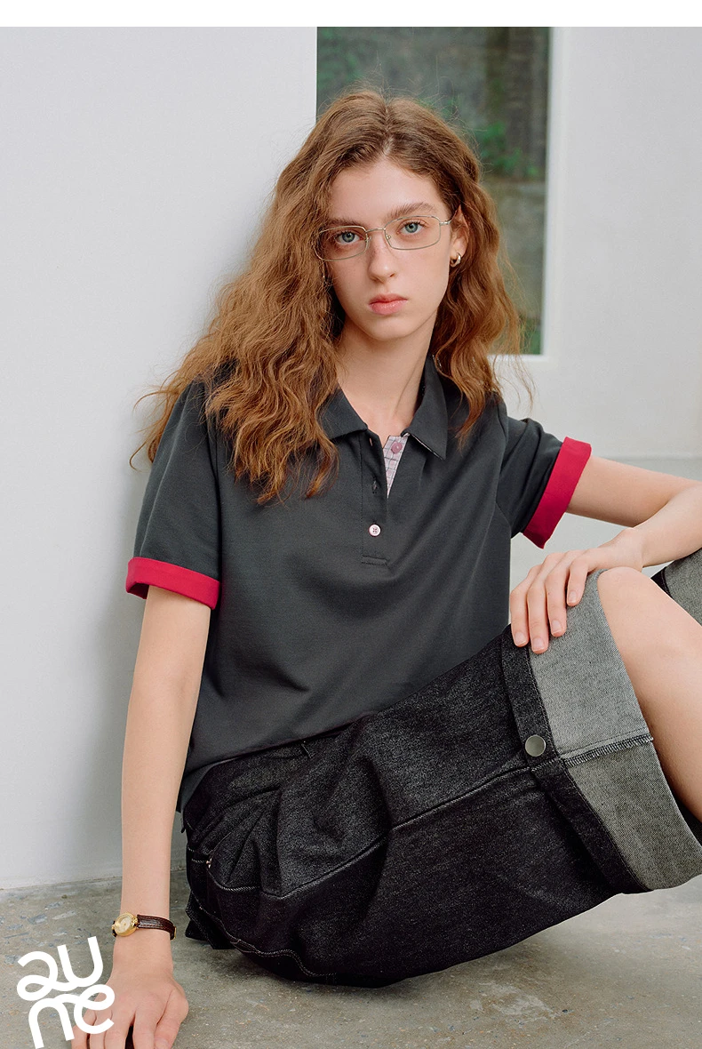 TOYOUTH Women Piqué Polo Tees 2026 Summer New Upgraded Color-Block Plaid Fold-Back Sleeve Vintage Casual Tops
