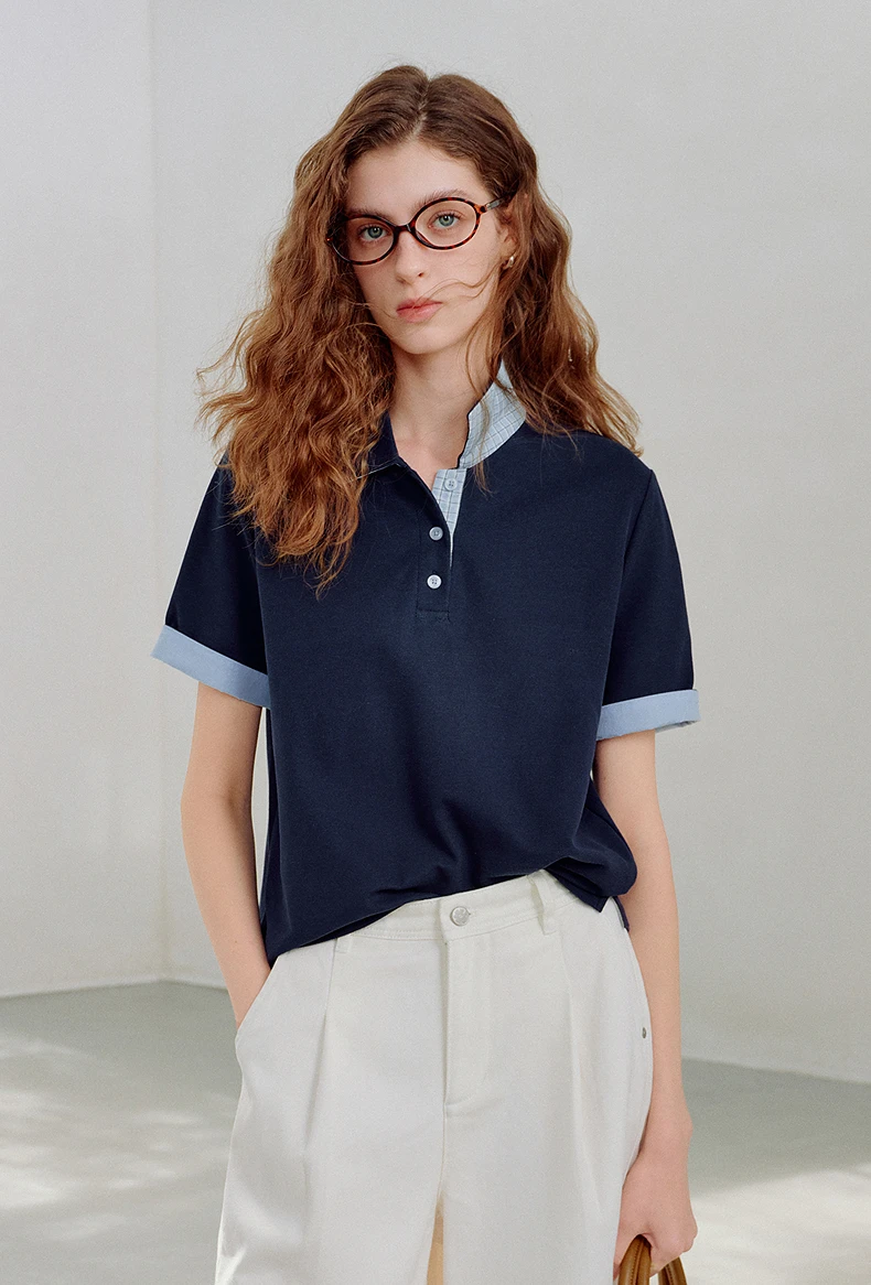 TOYOUTH Women Piqué Polo Tees 2026 Summer New Upgraded Color-Block Plaid Fold-Back Sleeve Vintage Casual Tops