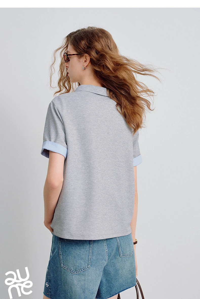 TOYOUTH Women Piqué Polo Tees 2026 Summer New Upgraded Color-Block Plaid Fold-Back Sleeve Vintage Casual Tops