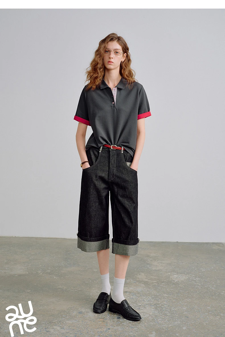TOYOUTH Women Piqué Polo Tees 2026 Summer New Upgraded Color-Block Plaid Fold-Back Sleeve Vintage Casual Tops
