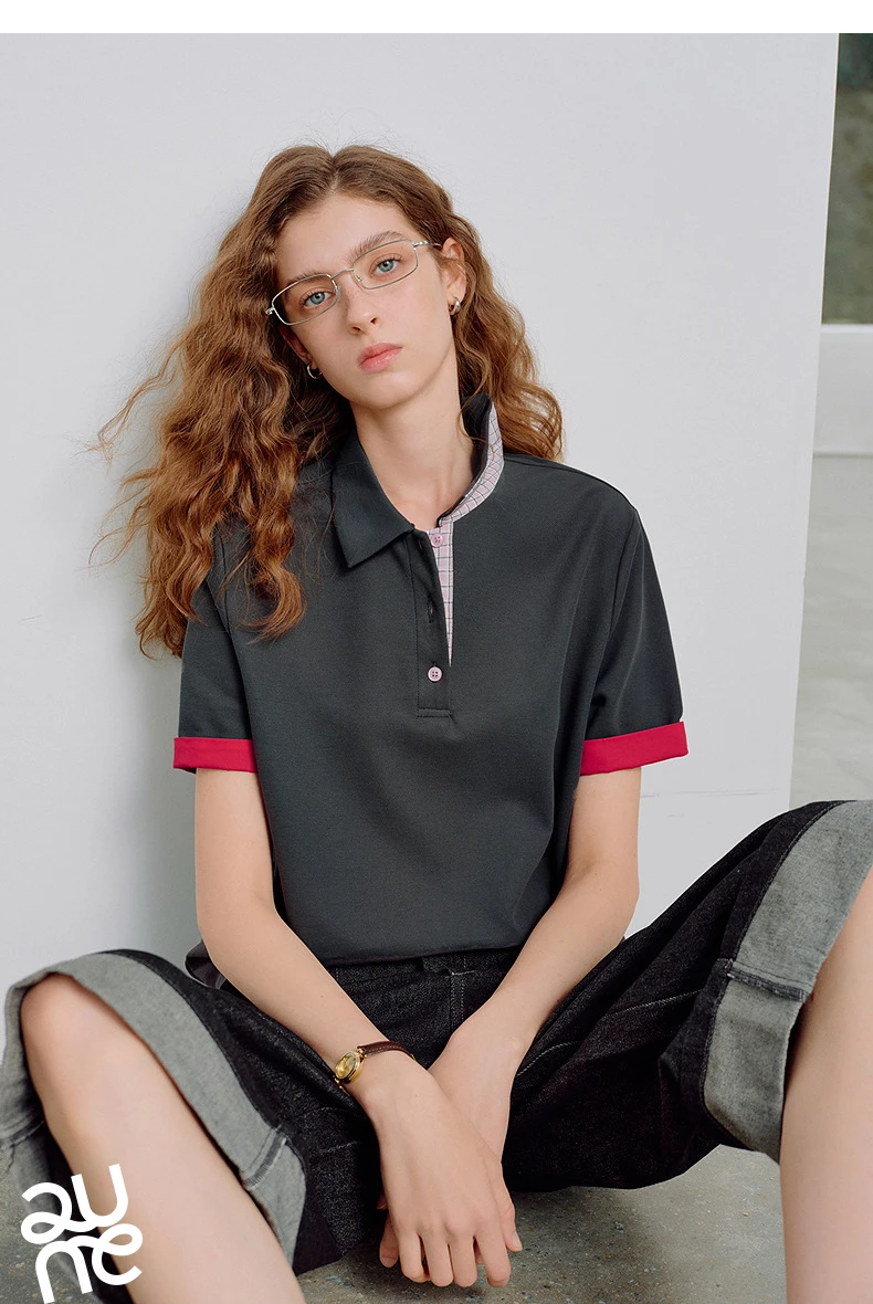 TOYOUTH Women Piqué Polo Tees 2026 Summer New Upgraded Color-Block Plaid Fold-Back Sleeve Vintage Casual Tops