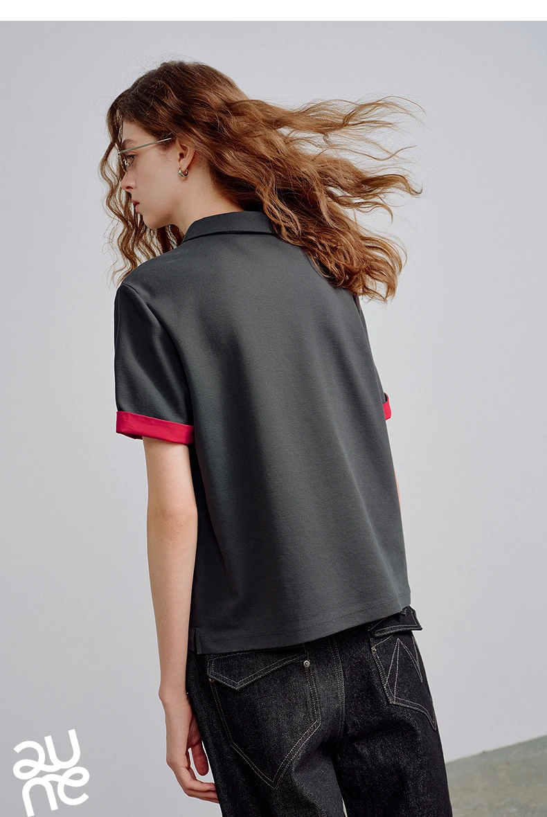 TOYOUTH Women Piqué Polo Tees 2026 Summer New Upgraded Color-Block Plaid Fold-Back Sleeve Vintage Casual Tops
