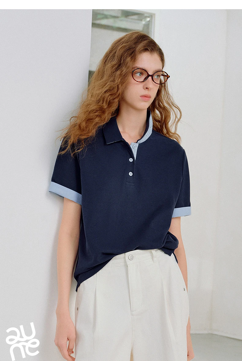 TOYOUTH Women Piqué Polo Tees 2026 Summer New Upgraded Color-Block Plaid Fold-Back Sleeve Vintage Casual Tops
