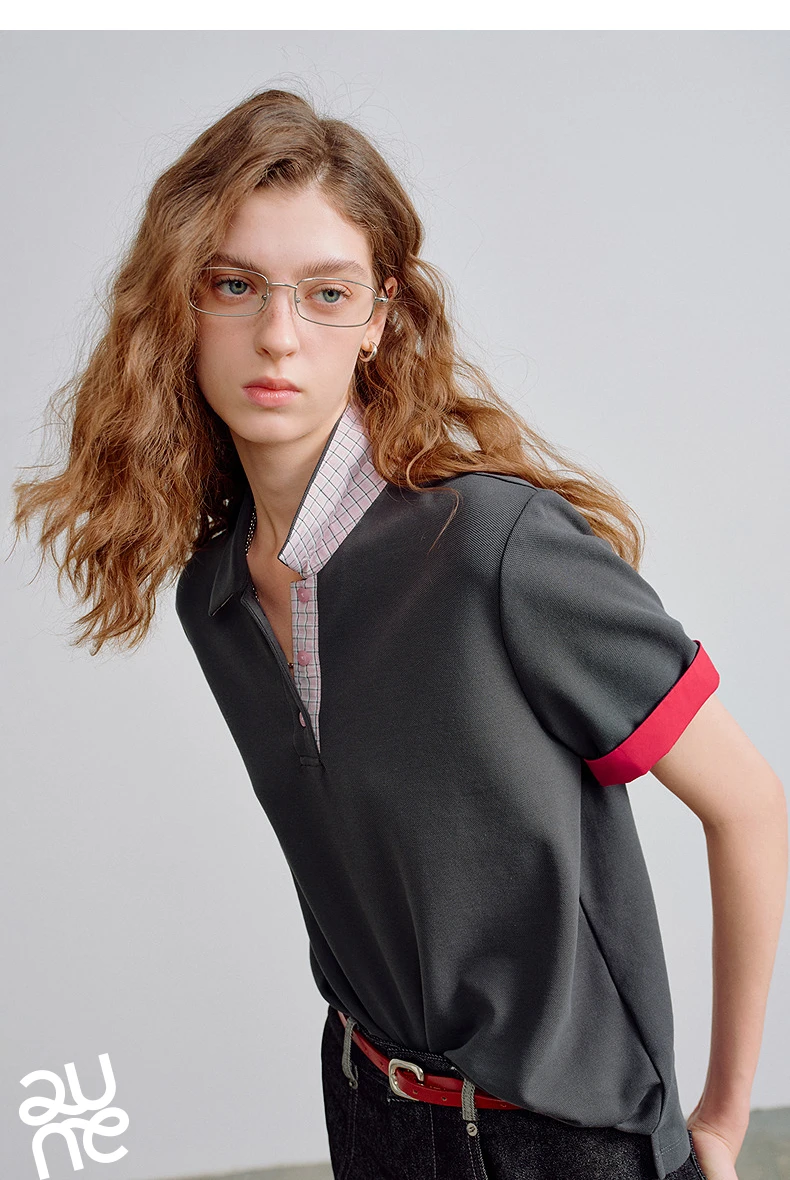 TOYOUTH Women Piqué Polo Tees 2026 Summer New Upgraded Color-Block Plaid Fold-Back Sleeve Vintage Casual Tops