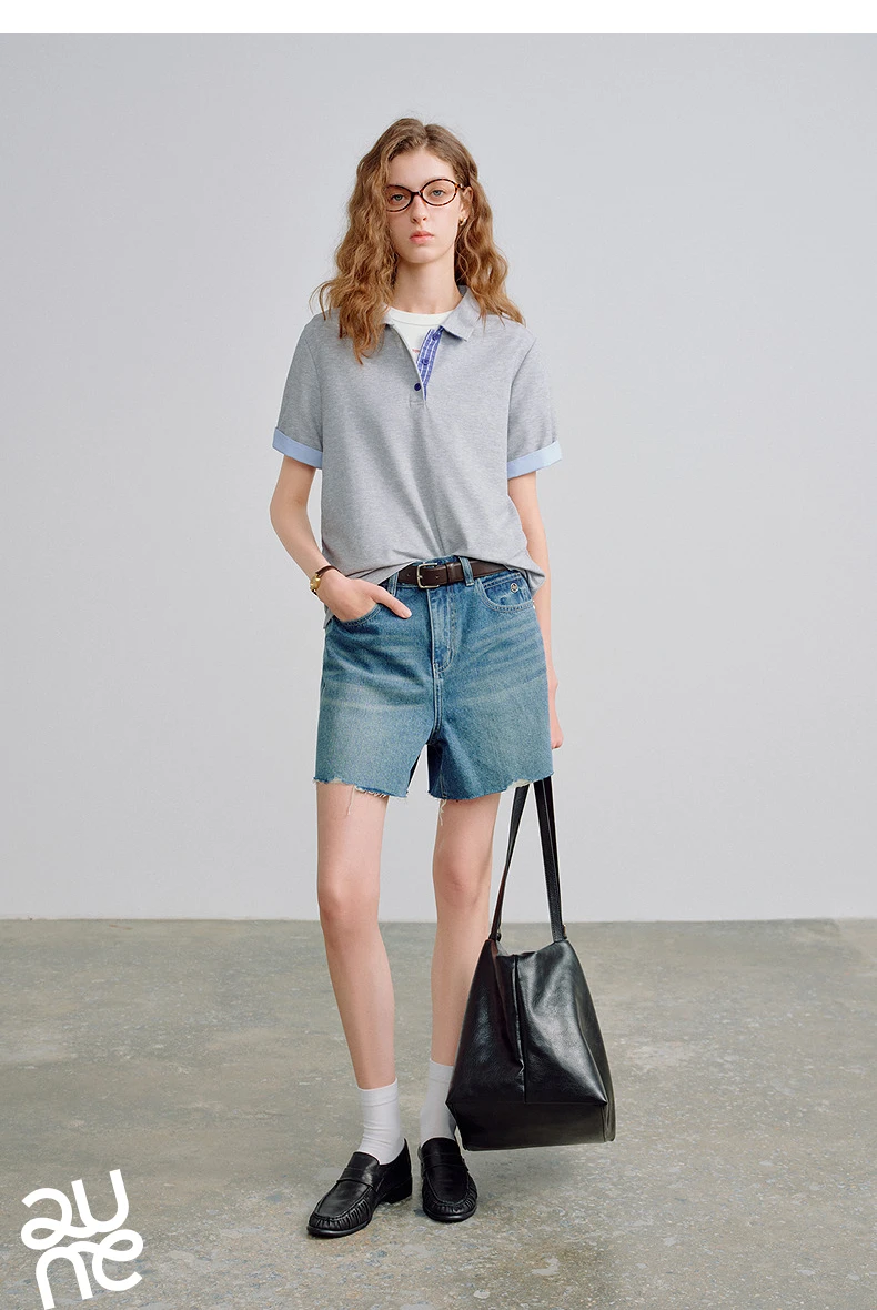 TOYOUTH Women Piqué Polo Tees 2026 Summer New Upgraded Color-Block Plaid Fold-Back Sleeve Vintage Casual Tops