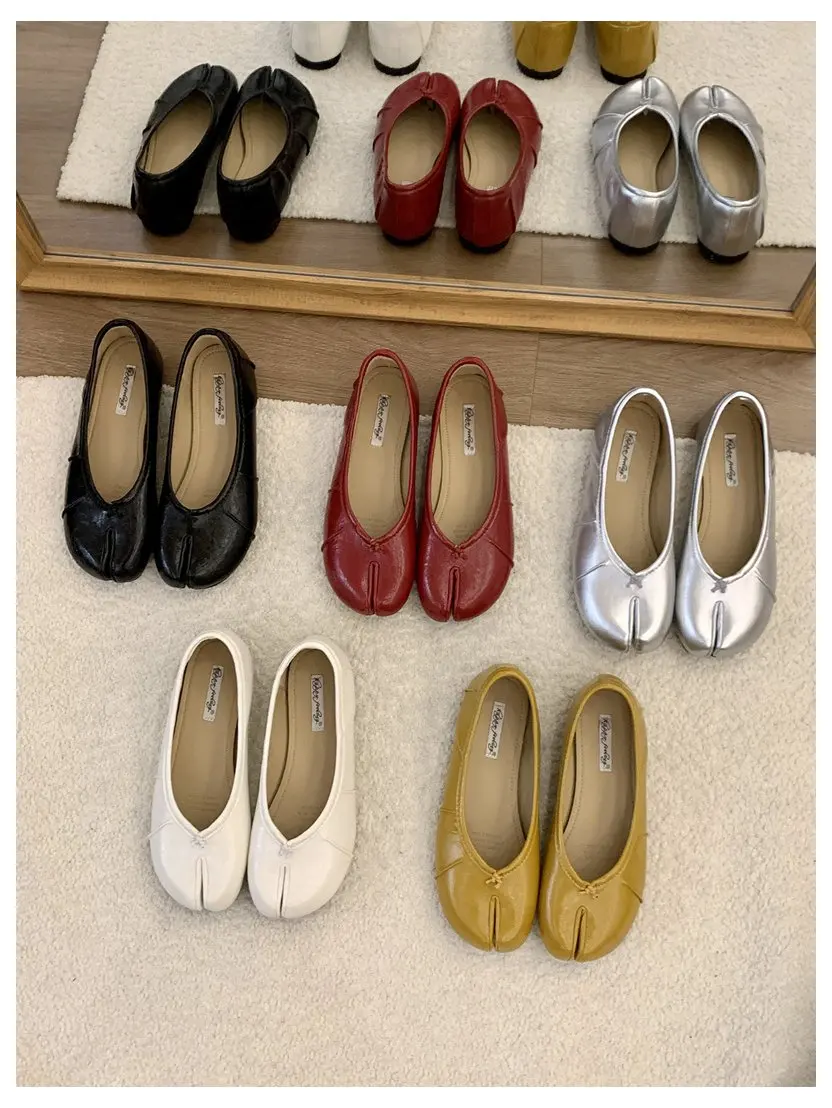 Spring Split Toe Women Ballet Flats Fashion Tabi Shoes Causal Slip On Loafer Ladies Pleated Leather Espadrilles Zapatillas Mujer