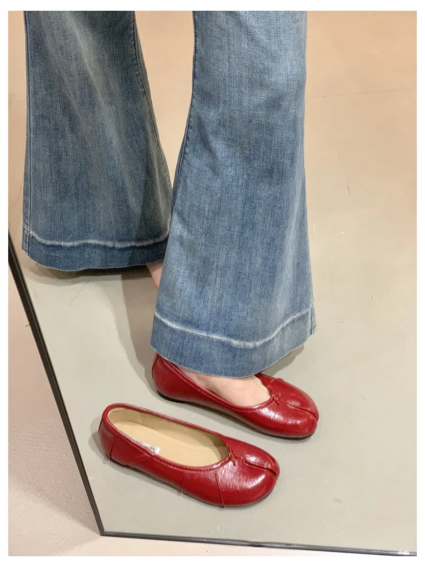 Spring Split Toe Women Ballet Flats Fashion Tabi Shoes Causal Slip On Loafer Ladies Pleated Leather Espadrilles Zapatillas Mujer