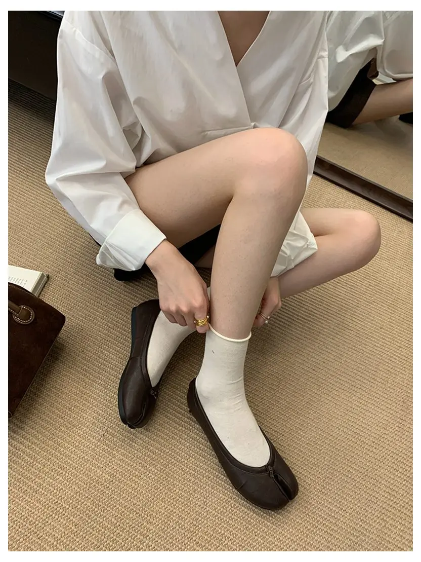 Spring Split Toe Women Ballet Flats Fashion Tabi Shoes Causal Slip On Loafer Ladies Pleated Leather Espadrilles Zapatillas Mujer