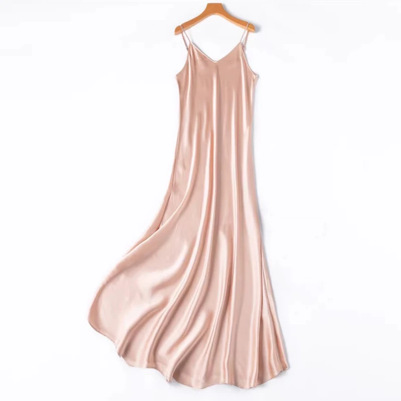 2026 Women's Fashion New 21MM 100% Natural Mulberry Silk Plain Satin Extended French Sexy Adjustable Shoulder Strap Solid Dress