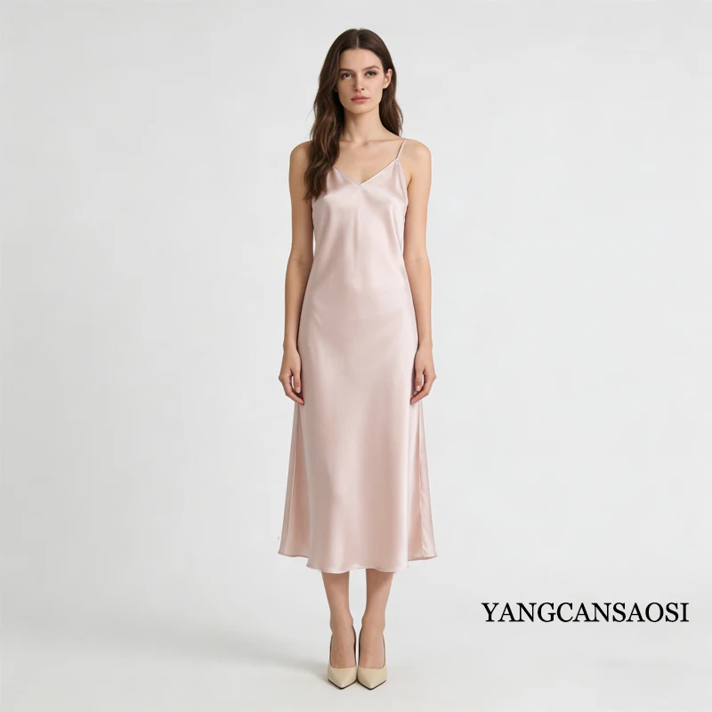 2026 Women's Fashion New 21MM 100% Natural Mulberry Silk Plain Satin Extended French Sexy Adjustable Shoulder Strap Solid Dress