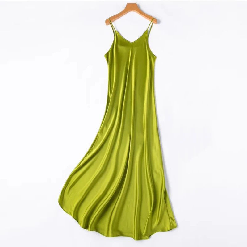 2026 Women's Fashion New 21MM 100% Natural Mulberry Silk Plain Satin Extended French Sexy Adjustable Shoulder Strap Solid Dress