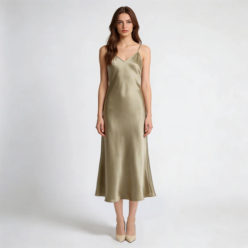 2026 Women's Fashion New 21MM 100% Natural Mulberry Silk Plain Satin Extended French Sexy Adjustable Shoulder Strap Solid Dress