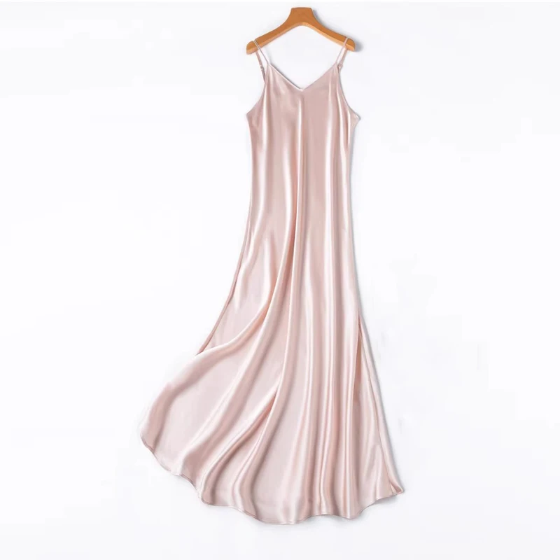 2026 Women's Fashion New 21MM 100% Natural Mulberry Silk Plain Satin Extended French Sexy Adjustable Shoulder Strap Solid Dress