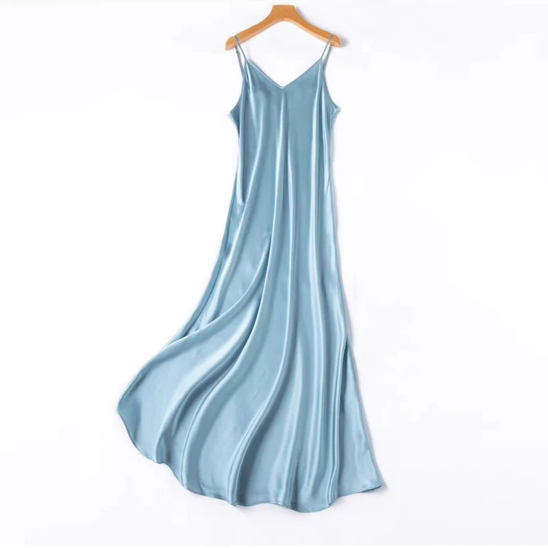 2026 Women's Fashion New 21MM 100% Natural Mulberry Silk Plain Satin Extended French Sexy Adjustable Shoulder Strap Solid Dress