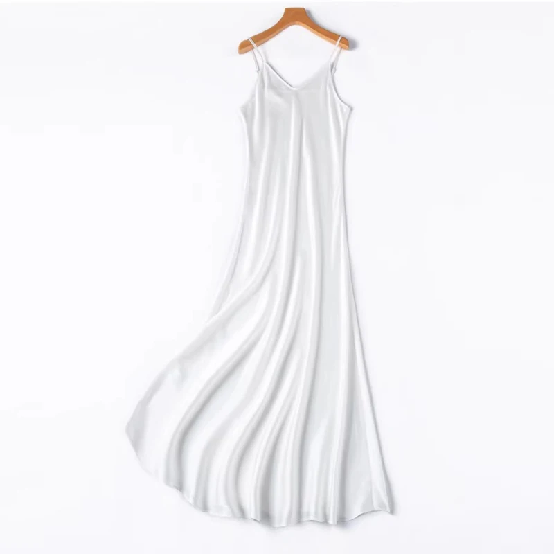 2026 Women's Fashion New 21MM 100% Natural Mulberry Silk Plain Satin Extended French Sexy Adjustable Shoulder Strap Solid Dress