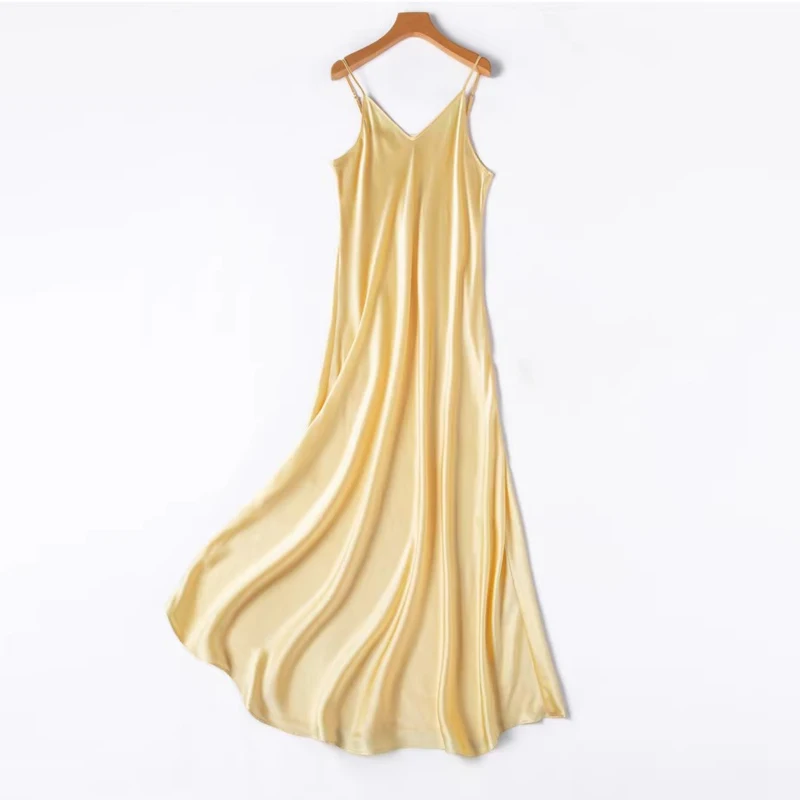 2026 Women's Fashion New 21MM 100% Natural Mulberry Silk Plain Satin Extended French Sexy Adjustable Shoulder Strap Solid Dress