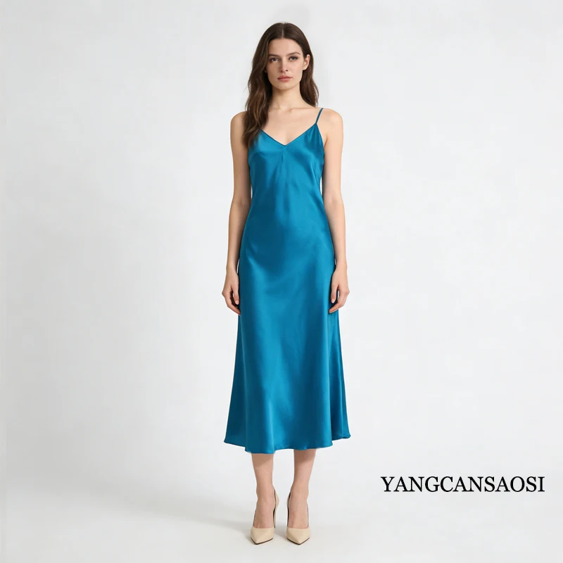 2026 Women's Fashion New 21MM 100% Natural Mulberry Silk Plain Satin Extended French Sexy Adjustable Shoulder Strap Solid Dress