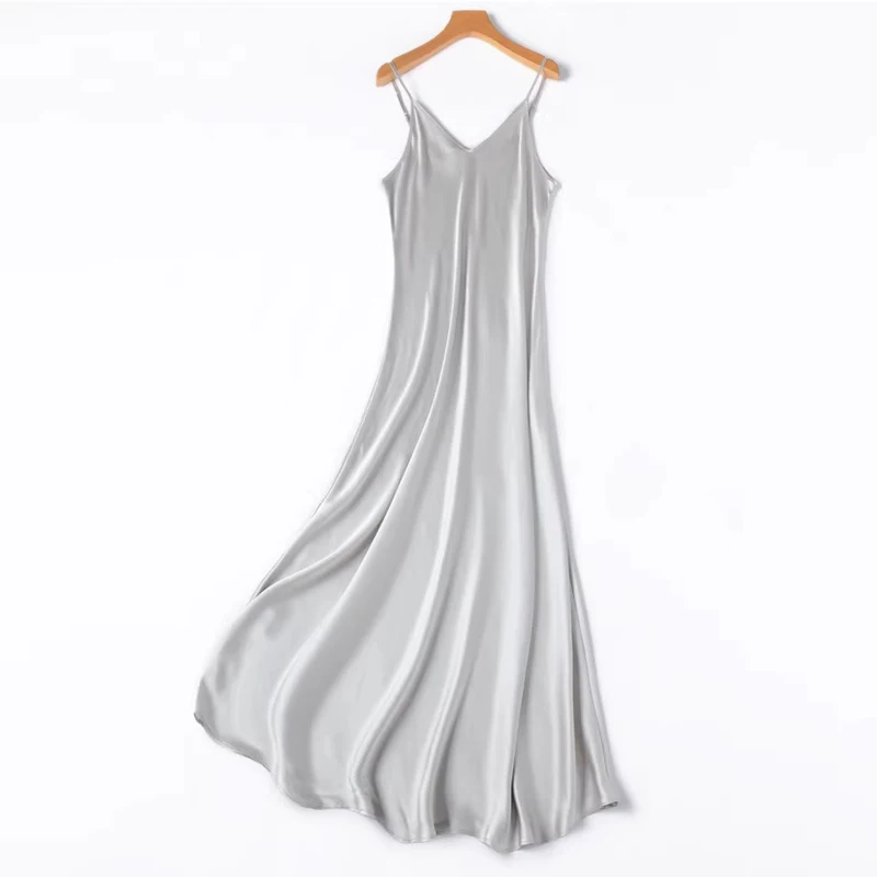 2026 Women's Fashion New 21MM 100% Natural Mulberry Silk Plain Satin Extended French Sexy Adjustable Shoulder Strap Solid Dress
