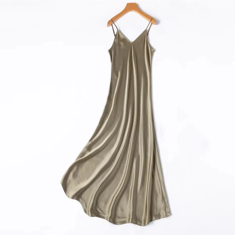 2026 Women's Fashion New 21MM 100% Natural Mulberry Silk Plain Satin Extended French Sexy Adjustable Shoulder Strap Solid Dress