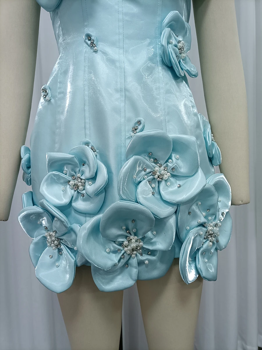 TWOTWINSTYLE Design Sense Spliced Bead Fashion Dresses for Women Strapless Sleeveless Tunic Patchwork 3D Flower Dress Female New