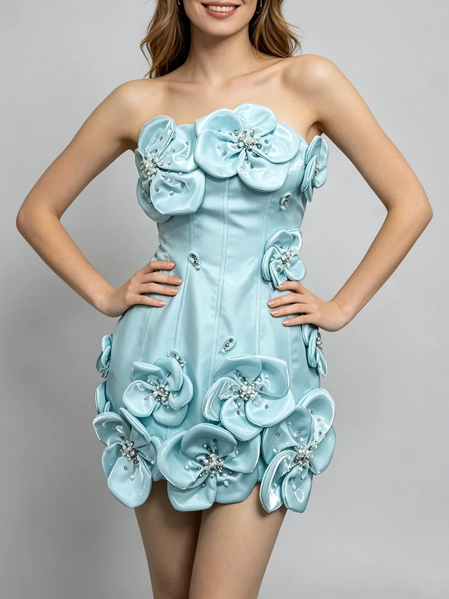 TWOTWINSTYLE Design Sense Spliced Bead Fashion Dresses for Women Strapless Sleeveless Tunic Patchwork 3D Flower Dress Female New