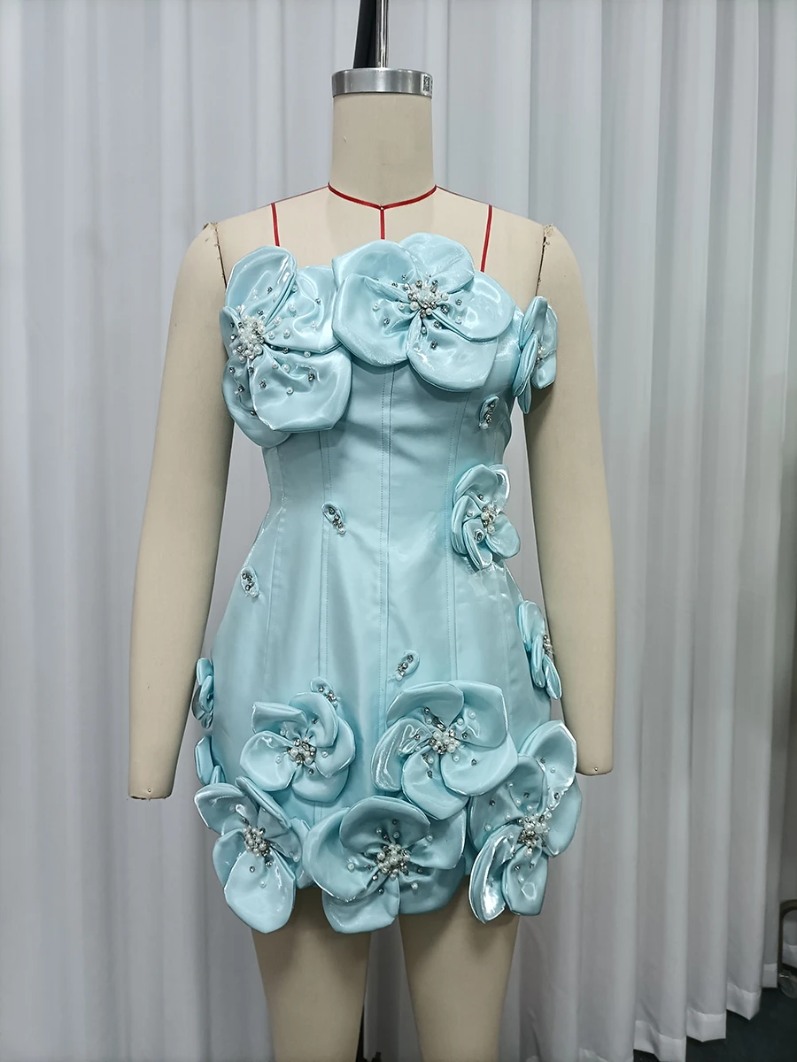 TWOTWINSTYLE Design Sense Spliced Bead Fashion Dresses for Women Strapless Sleeveless Tunic Patchwork 3D Flower Dress Female New