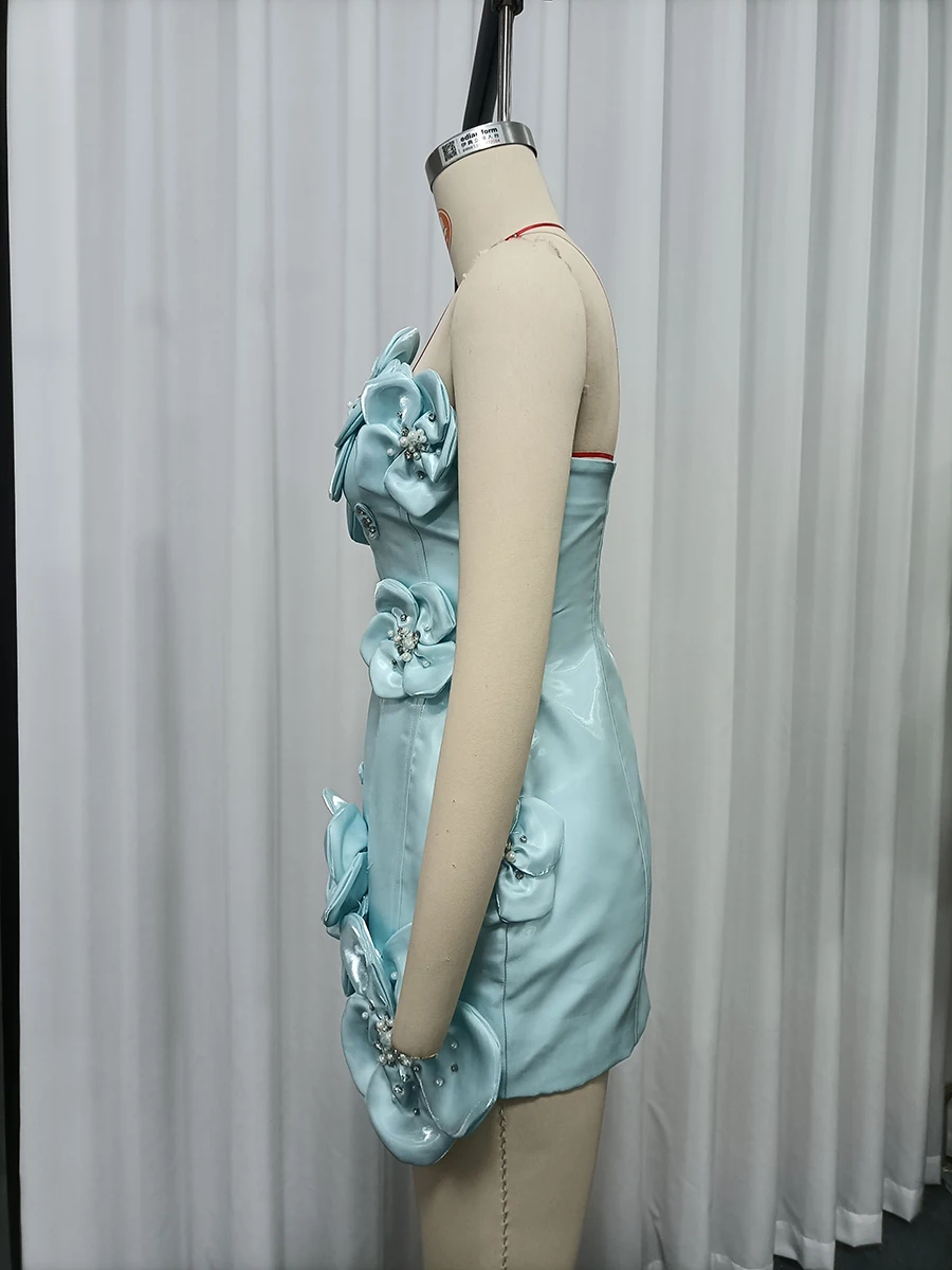 TWOTWINSTYLE Design Sense Spliced Bead Fashion Dresses for Women Strapless Sleeveless Tunic Patchwork 3D Flower Dress Female New