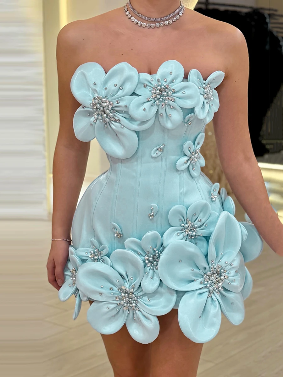 TWOTWINSTYLE Design Sense Spliced Bead Fashion Dresses for Women Strapless Sleeveless Tunic Patchwork 3D Flower Dress Female New