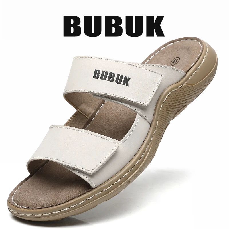 Bubuk Men's First-Layer Cowhide Sports Slippers, Stylish Slip-On Outdoor Beach Sandals, Breathable Summer Shoes for Men, with Arch Support, Suitable for Travel and Hiking