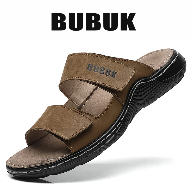 Bubuk Men's First-Layer Cowhide Sports Slippers, Stylish Slip-On Outdoor Beach Sandals, Breathable Summer Shoes for Men, with Arch Support, Suitable for Travel and Hiking