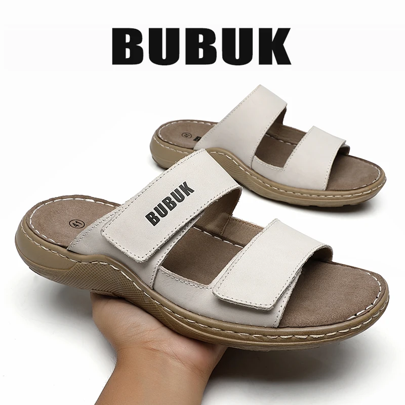 Bubuk Men's First-Layer Cowhide Sports Slippers, Stylish Slip-On Outdoor Beach Sandals, Breathable Summer Shoes for Men, with Arch Support, Suitable for Travel and Hiking