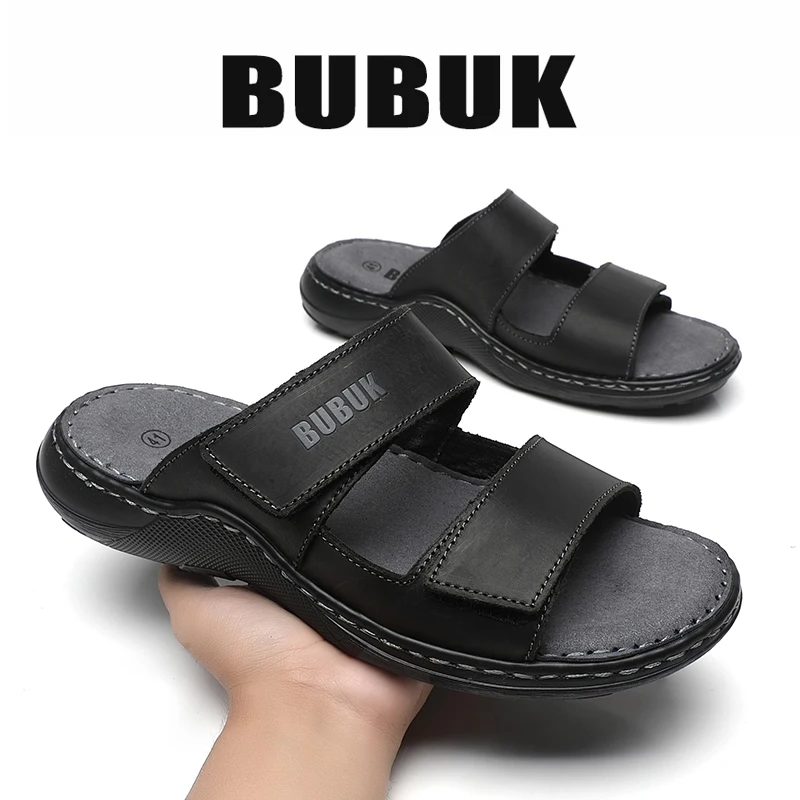 Bubuk Men's First-Layer Cowhide Sports Slippers, Stylish Slip-On Outdoor Beach Sandals, Breathable Summer Shoes for Men, with Arch Support, Suitable for Travel and Hiking