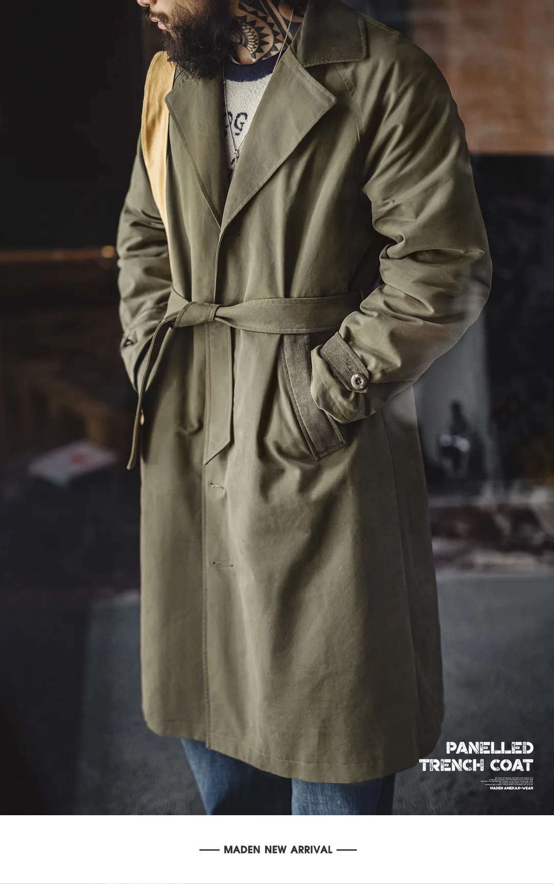 Maden Vintage Men‘s Military Green Trench Coat Mid-Length Corduroy Collar Pure Cotton Overcoat Single-Breasted Spring Autumn