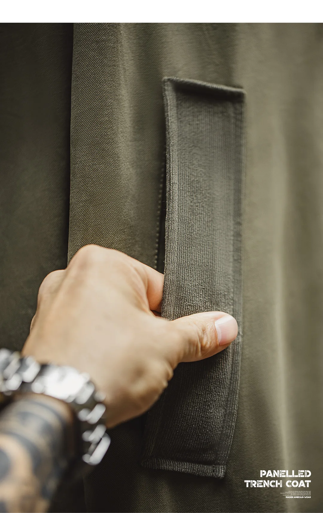 Maden Vintage Men‘s Military Green Trench Coat Mid-Length Corduroy Collar Pure Cotton Overcoat Single-Breasted Spring Autumn