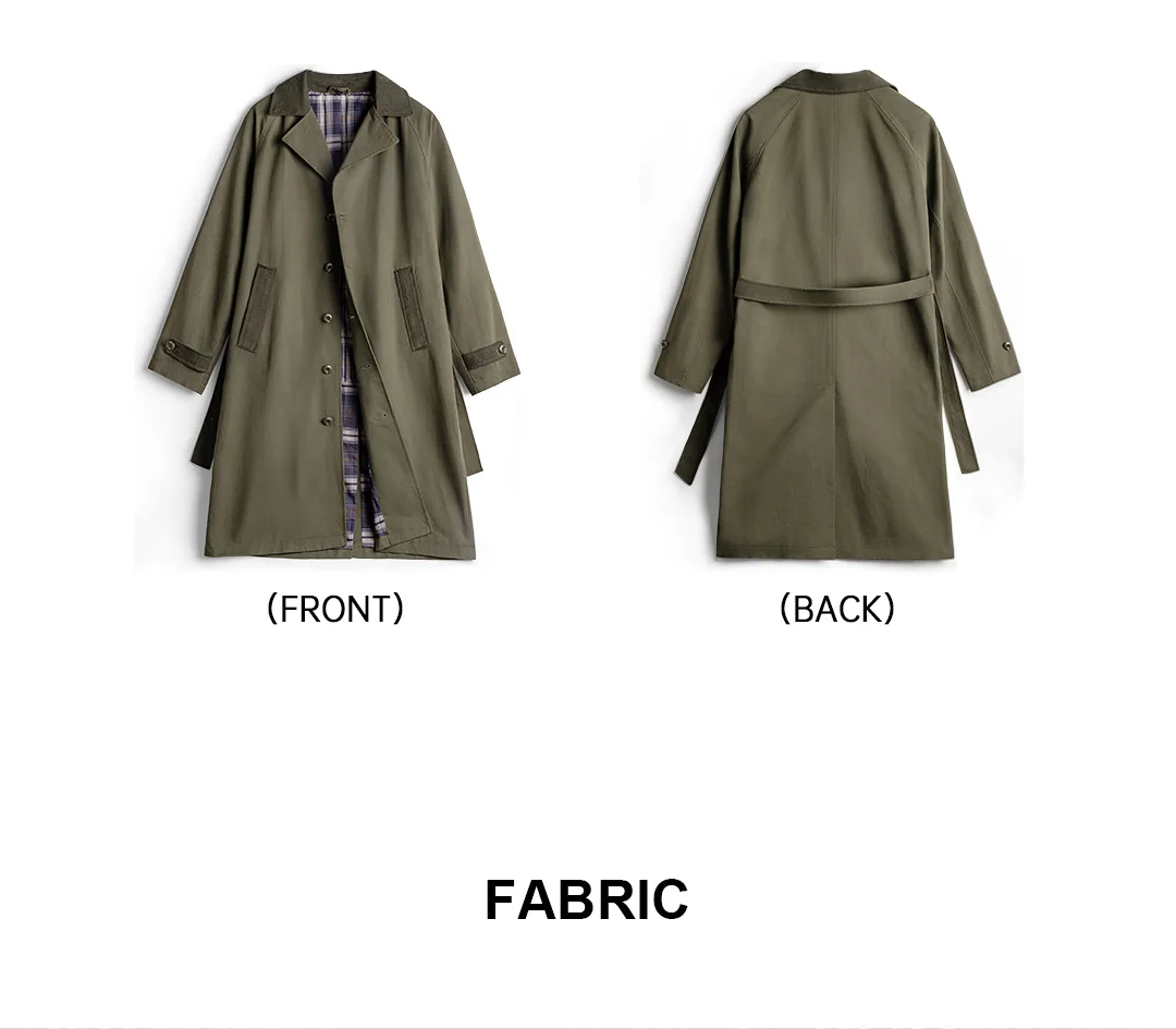 Maden Vintage Men‘s Military Green Trench Coat Mid-Length Corduroy Collar Pure Cotton Overcoat Single-Breasted Spring Autumn