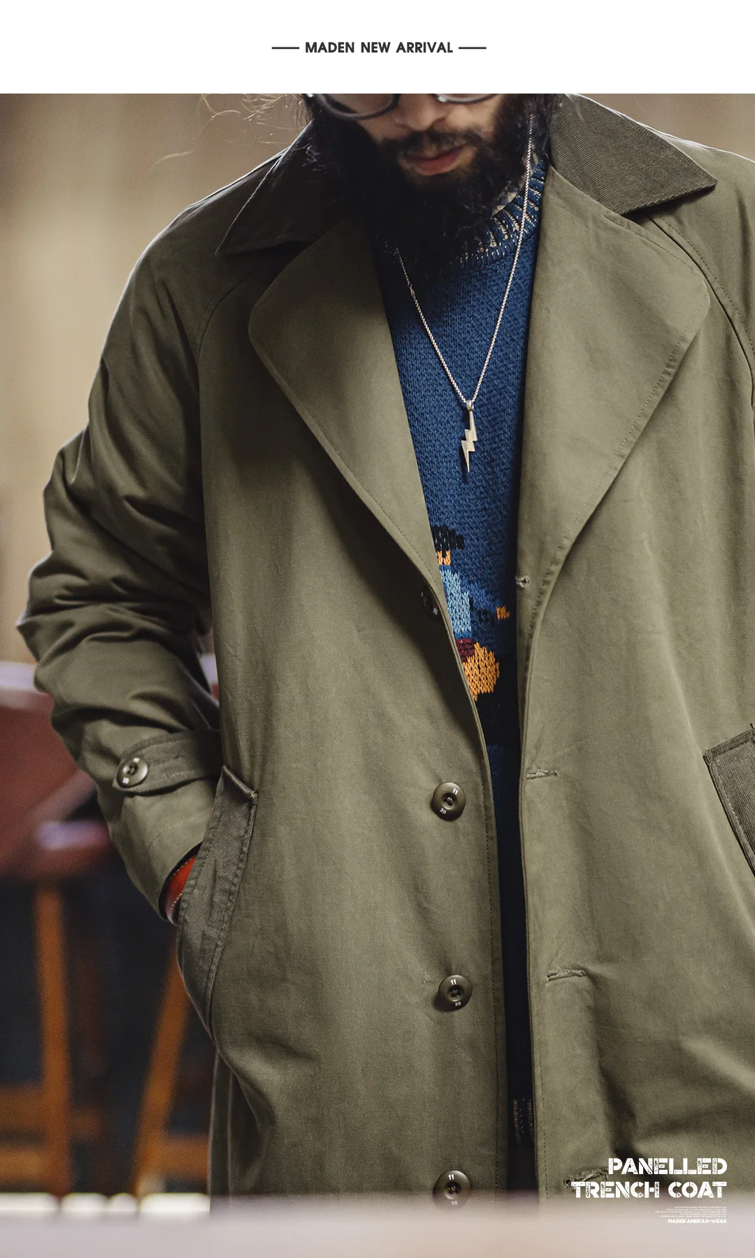 Maden Vintage Men‘s Military Green Trench Coat Mid-Length Corduroy Collar Pure Cotton Overcoat Single-Breasted Spring Autumn
