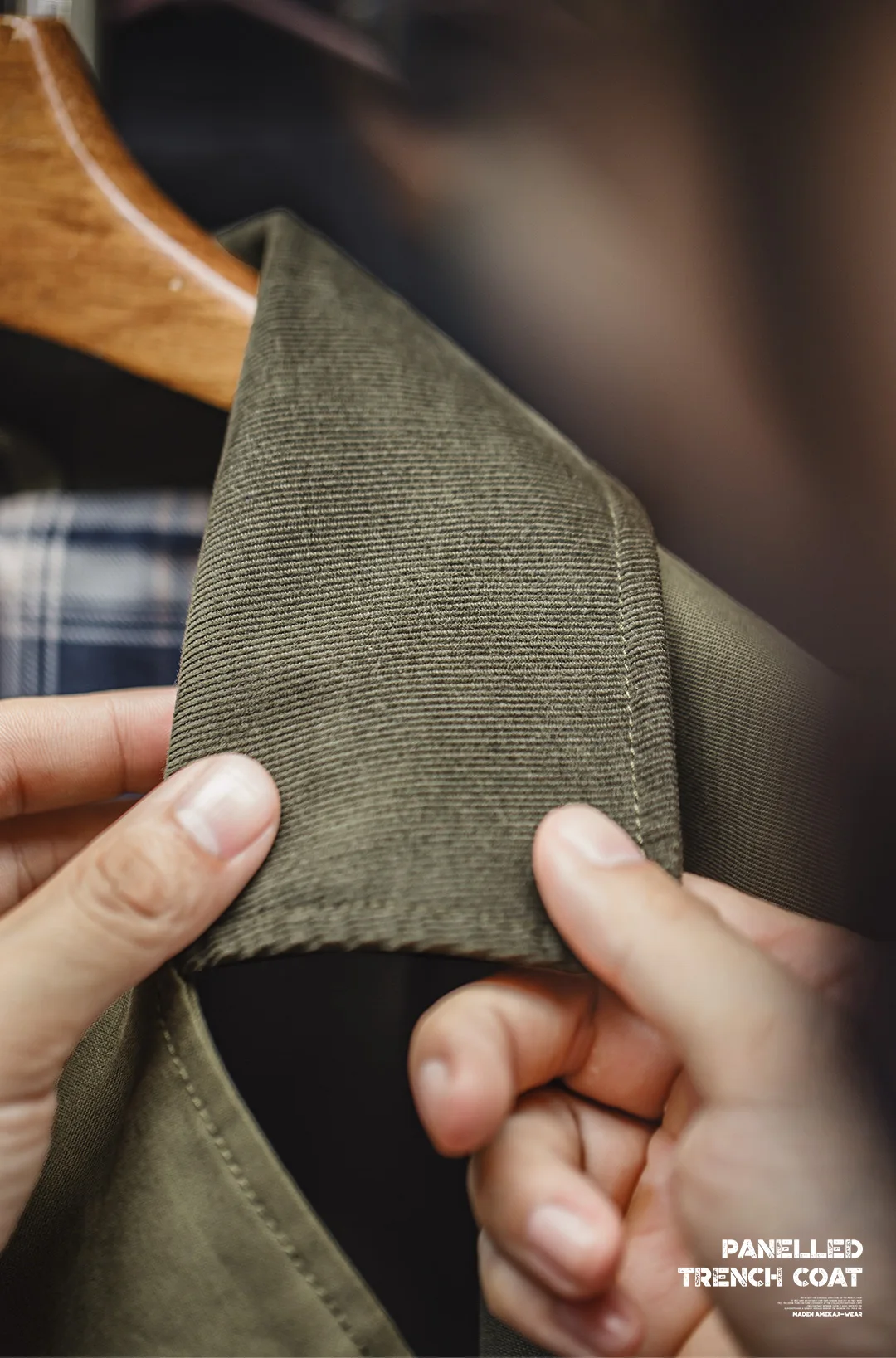Maden Vintage Men‘s Military Green Trench Coat Mid-Length Corduroy Collar Pure Cotton Overcoat Single-Breasted Spring Autumn