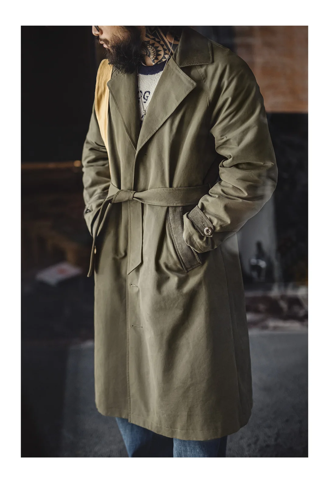 Maden Vintage Men‘s Military Green Trench Coat Mid-Length Corduroy Collar Pure Cotton Overcoat Single-Breasted Spring Autumn