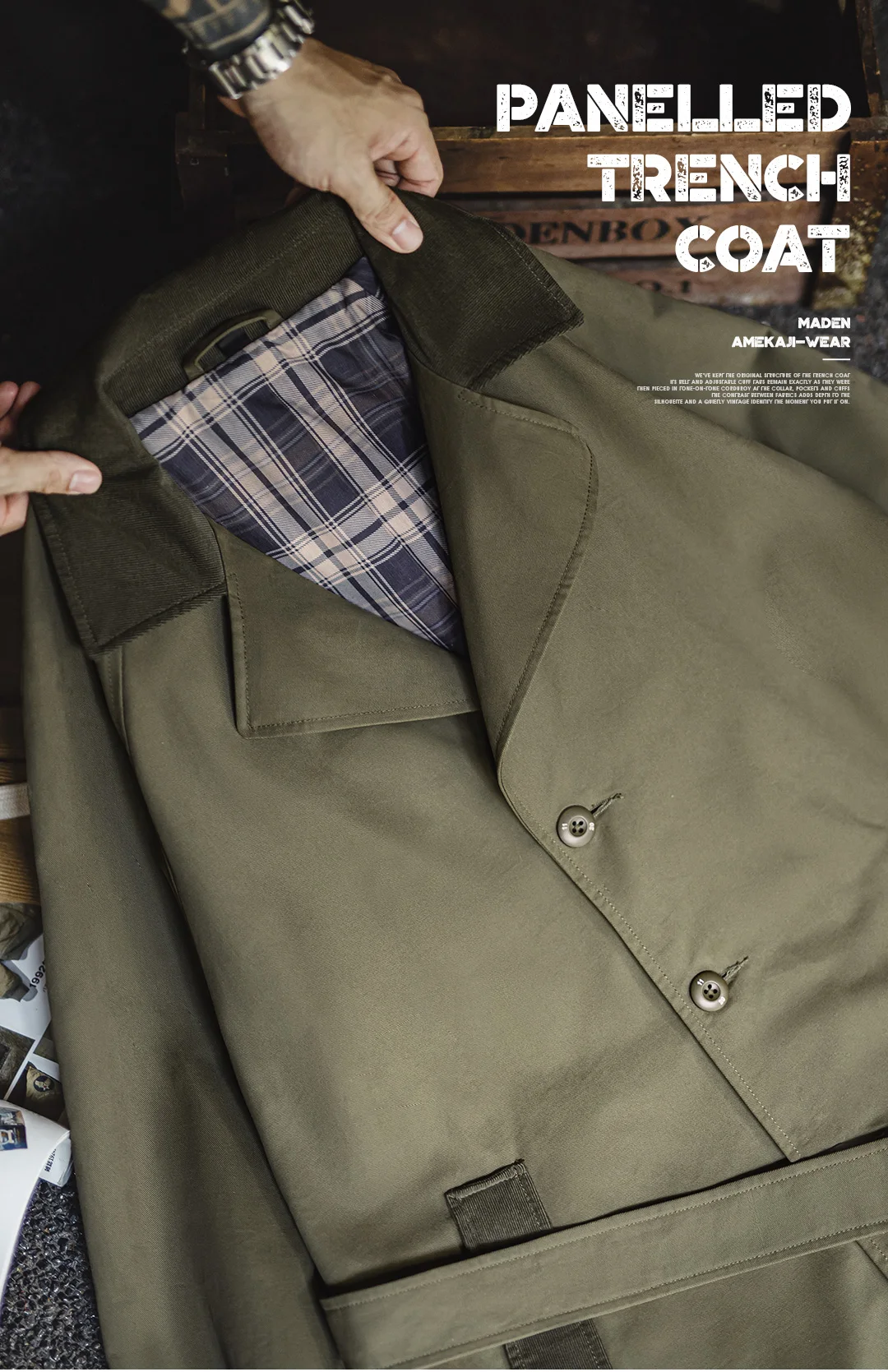 Maden Vintage Men‘s Military Green Trench Coat Mid-Length Corduroy Collar Pure Cotton Overcoat Single-Breasted Spring Autumn