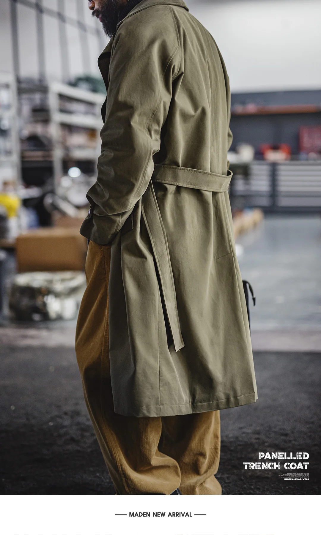 Maden Vintage Men‘s Military Green Trench Coat Mid-Length Corduroy Collar Pure Cotton Overcoat Single-Breasted Spring Autumn