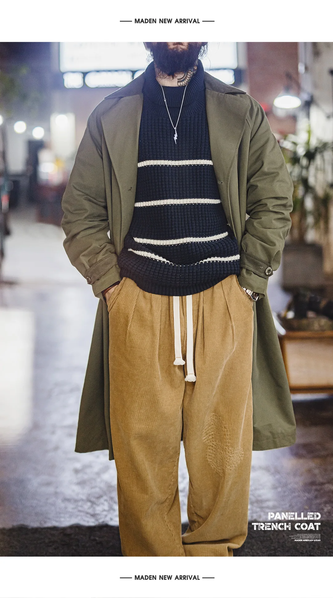 Maden Vintage Men‘s Military Green Trench Coat Mid-Length Corduroy Collar Pure Cotton Overcoat Single-Breasted Spring Autumn